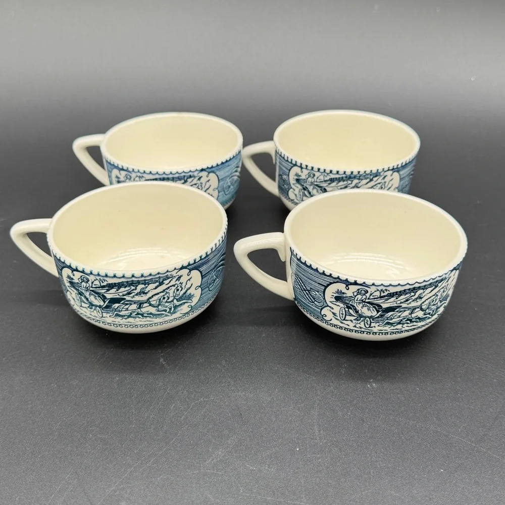 Currier & Ives Blue and Cream Ceramic Teacup Set